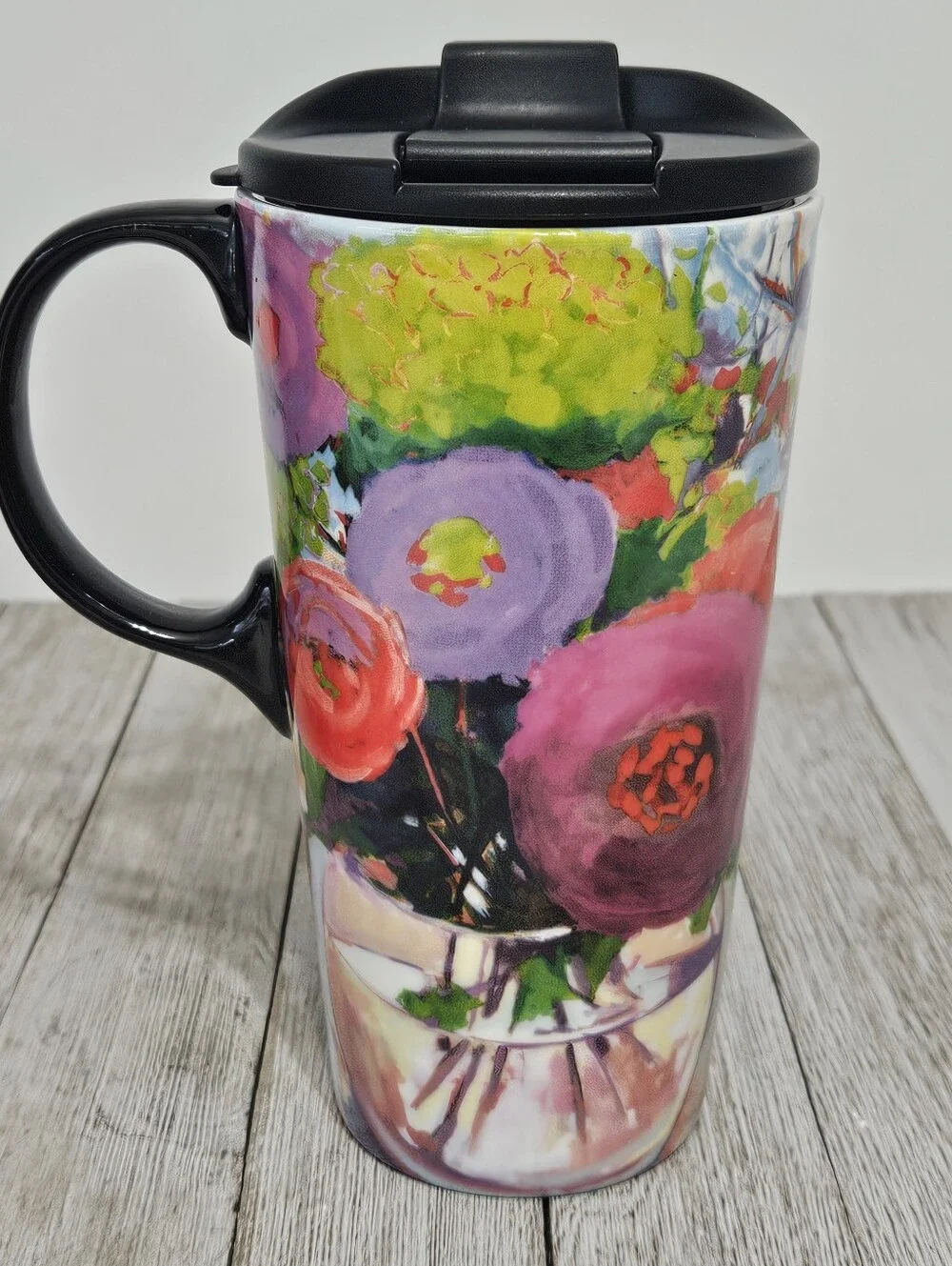 The Perfect Cup 17 oz. Ceramic Floral Cup Travel Mug by Cypress Home with Decora